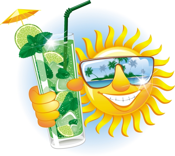 微笑的太阳的热带岛屿矢量插画
