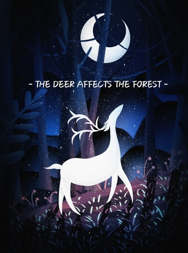 月亮下森林里的小鹿插画图片