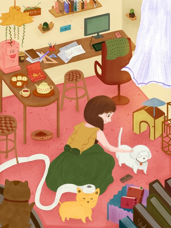 粉色彩绘插画室内温馨女孩撸狗背景设计