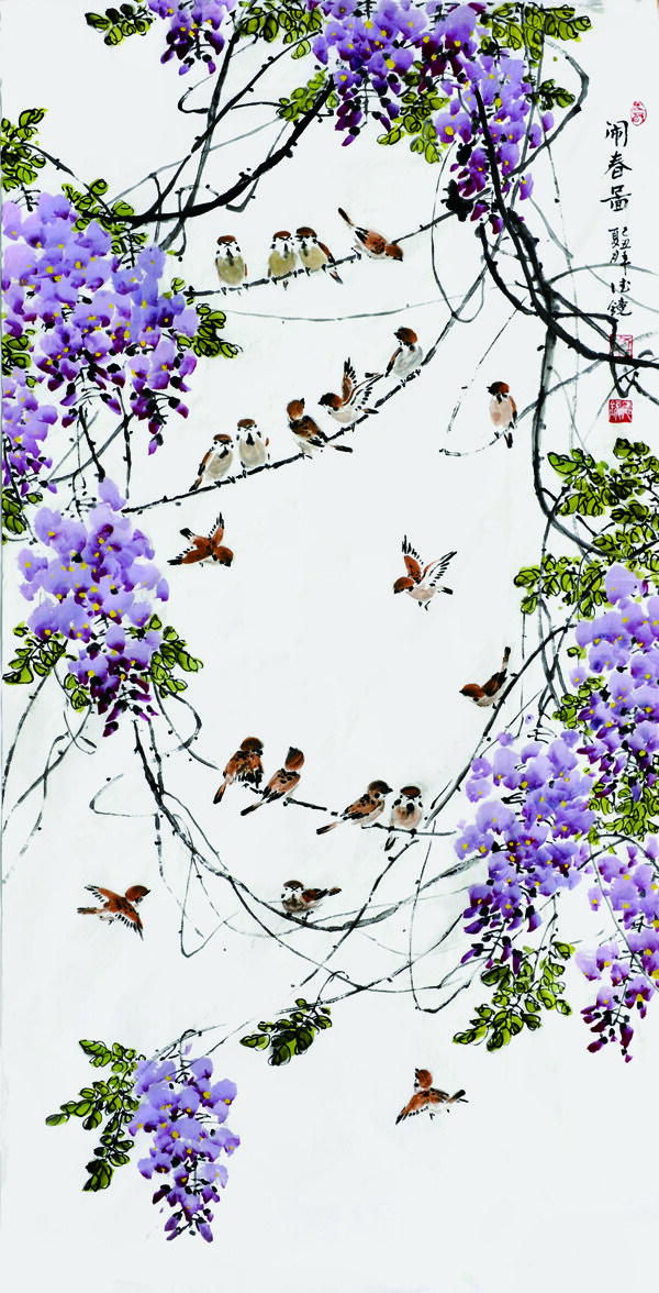 紫色花枝鸟群玄关