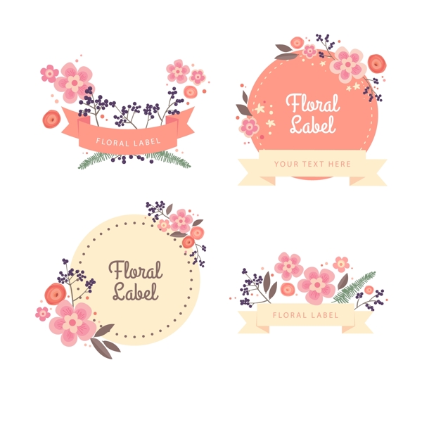 彩色装饰花卉婚礼标签