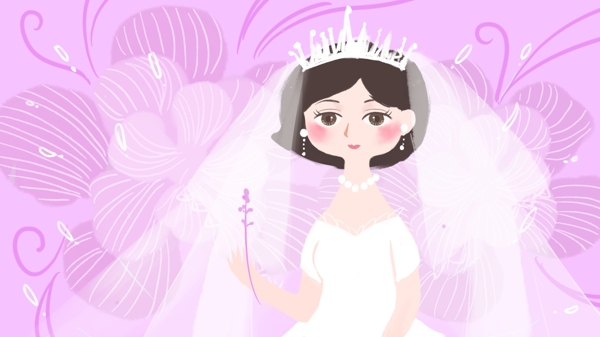 婚礼季小清新可爱婚纱新娘手绘原创插画粉色