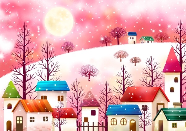 粉色山坡下的美丽房屋插画