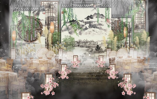 中式现代水墨绿色素雅婚礼效果图