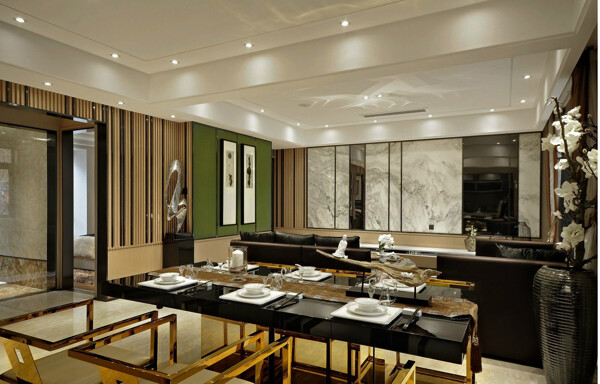 现代时尚风格客厅黑色餐桌室内装修效果图