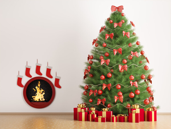壁炉图案和圣诞树