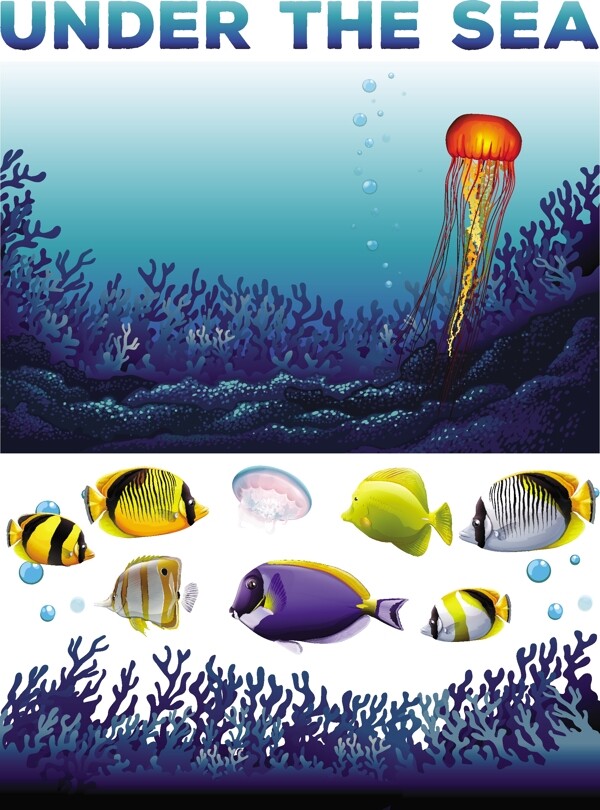 水下场景与鱼和海藻插图