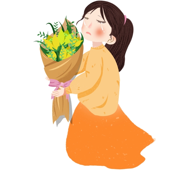 小清新手绘拿着一束花的小女孩