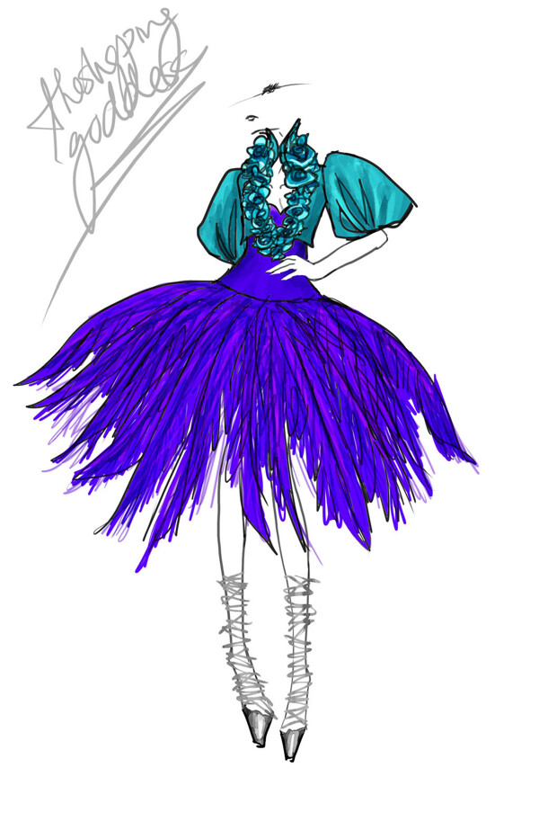 深蓝色羽毛连衣裙设计图