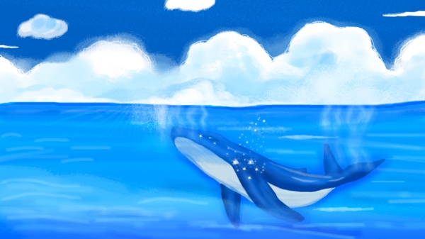 蓝色海洋中鲸鱼蓝天背景