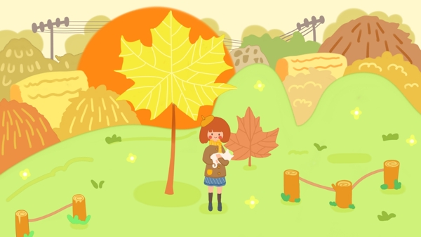 秋天的小姑娘草堆和树叶
