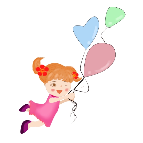 卡通拿气球小女孩六一节童趣玩耍