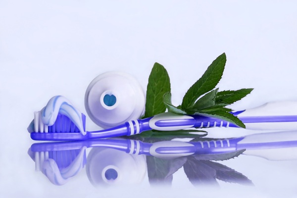 牙膏牙刷和绿叶图片