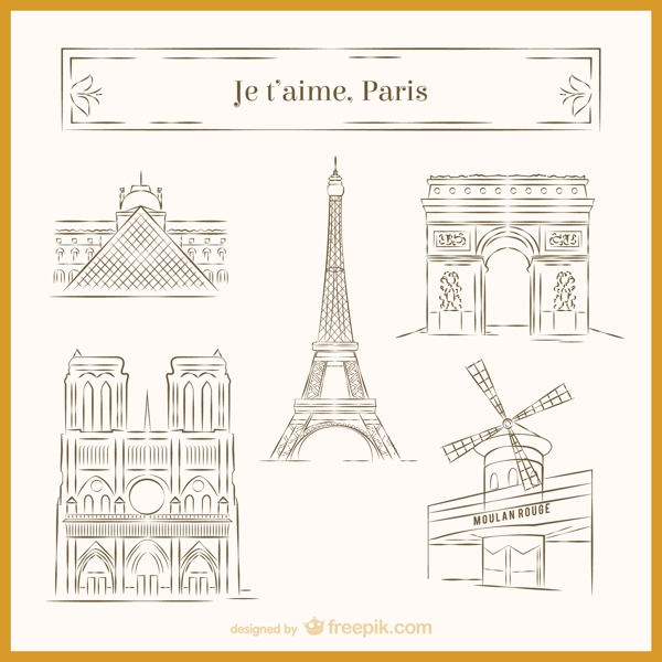 手绘巴黎著名建筑矢量素材