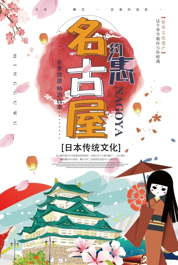 2018年红色插画风日本名古屋旅游海报