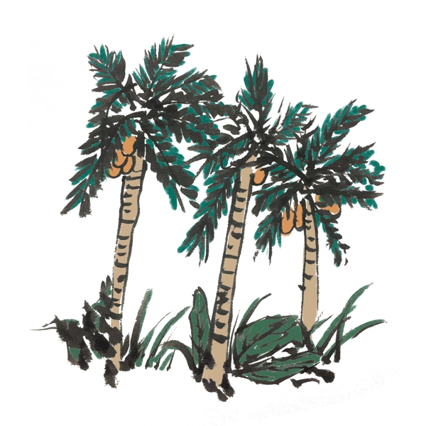 夏天椰子树水墨风手绘插画