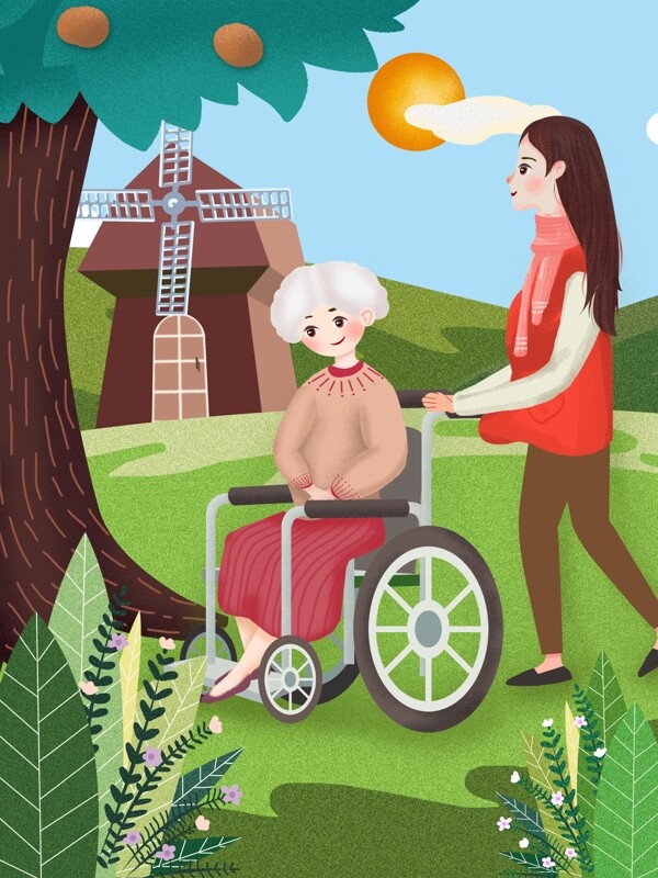 绿色小清新回家看望坐轮椅老人草地太阳插画
