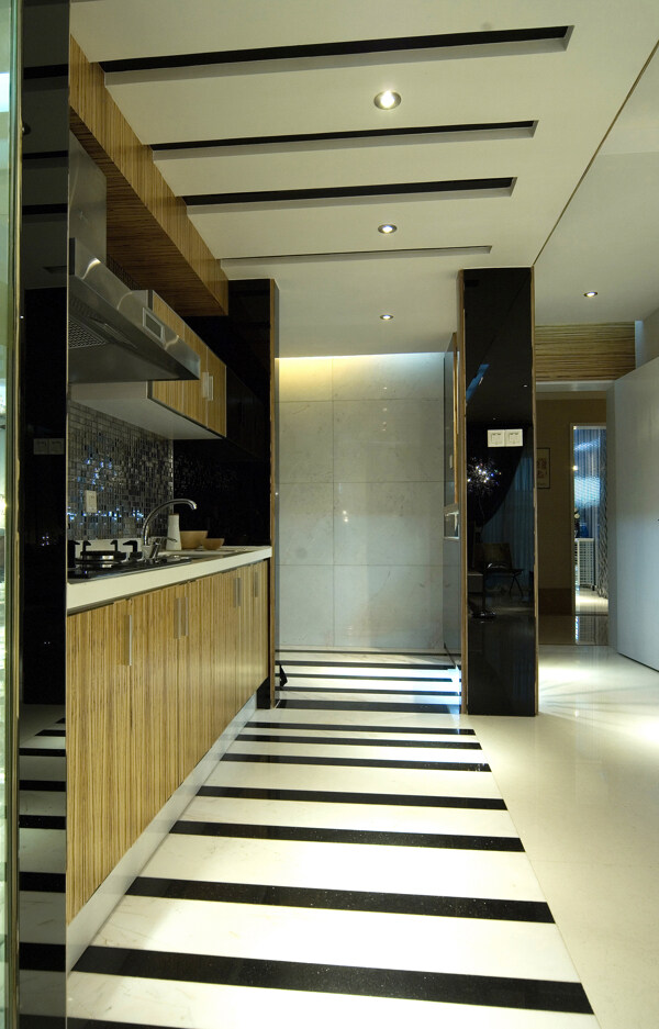 简约风室内设计黑白格纹地板厨房效果图