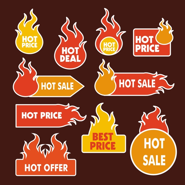 销售徽章收集孤立的火与热风格自由向量