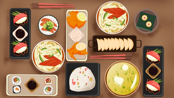 复古肌理原创插画美食日本料理寿司大餐