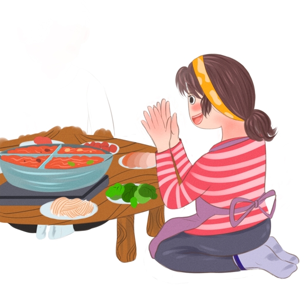 开心吃火锅的女生彩绘设计