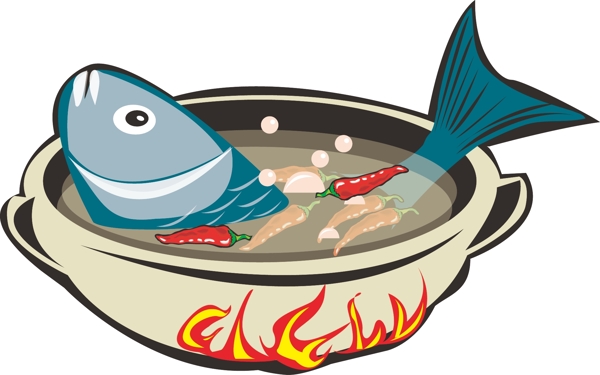 卡通矢量手绘商业美食火锅鱼装饰图案设计