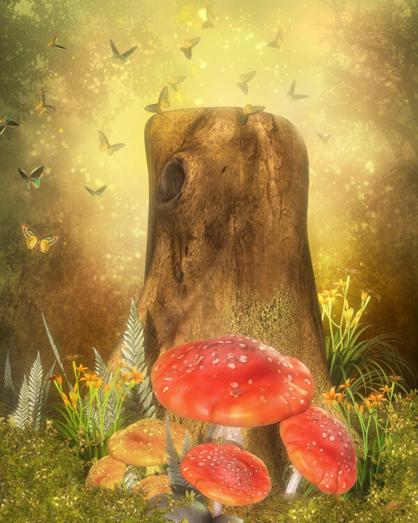 唯美蝴蝶蘑菇背景素材