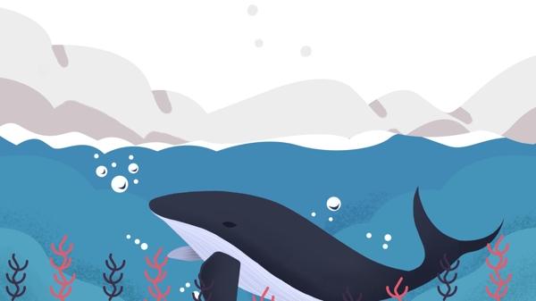 蓝色海洋中的鲸鱼山峰卡通背景