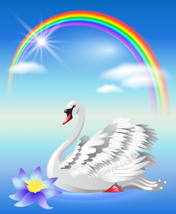 彩虹下的白色天鹅矢量插画