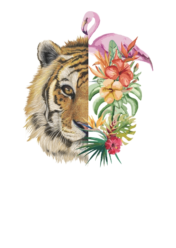 老虎花卉装饰设计元素对称不规则图案
