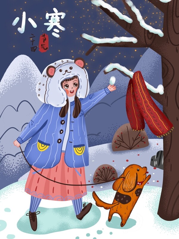 节气小寒女孩穿人偶服装追逐雪花