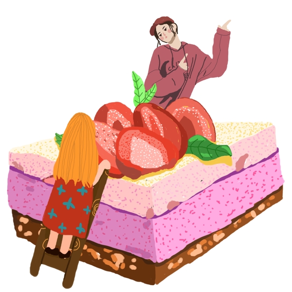 手绘草莓蛋糕和可爱的卡通人物