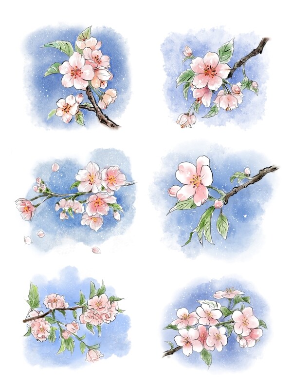 水彩套图樱花植物花朵小清新春天手绘风桃花