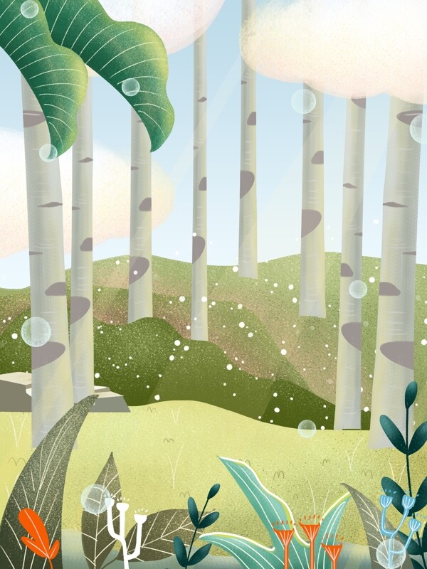 手绘春季树林背景设计