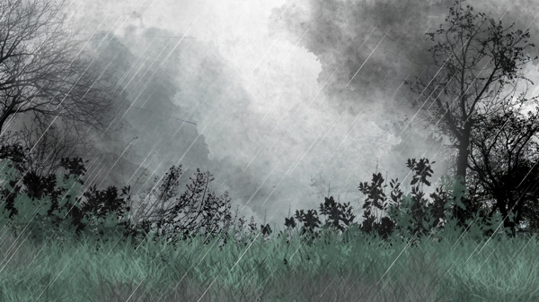 手绘草地树林下雨背景插画