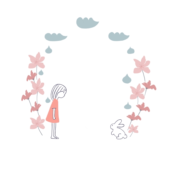 小女孩与兔子小清新卡通手绘花框