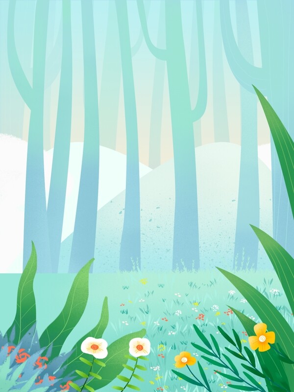 手绘春季花丛树林背景设计