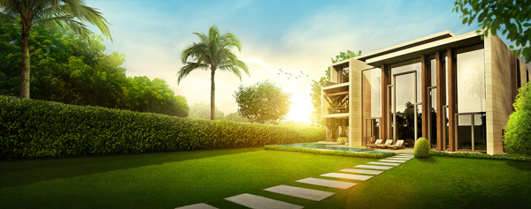 绿色草地椰子树建筑banner背景素材