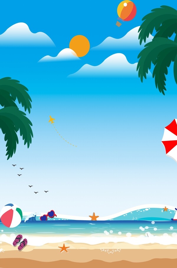 夏季海滩旅游蓝色手绘卡通广告背景