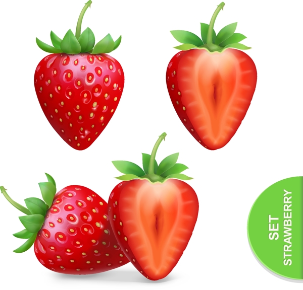 3款新鲜红草莓和切面矢量素材