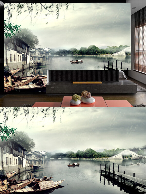 中国风江南水乡现代电视背景墙装饰画