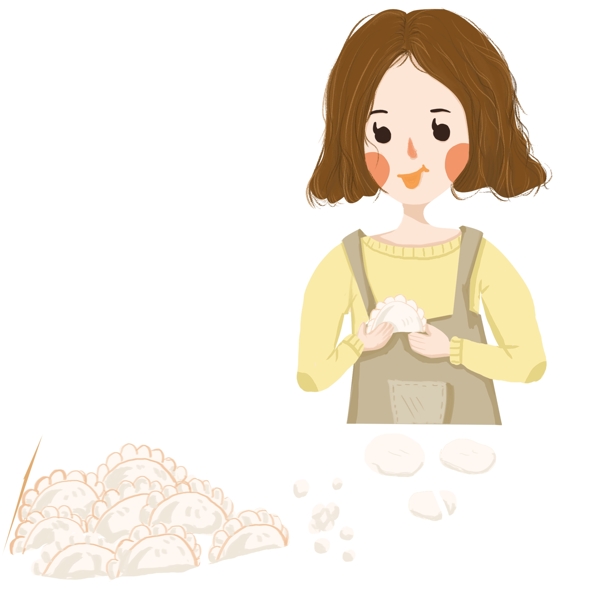 彩绘冬季在家包饺子的女孩