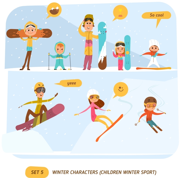 冬天滑雪的卡通人物漫画