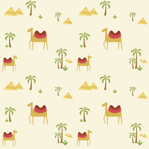沙漠椰树骆驼无缝背景图