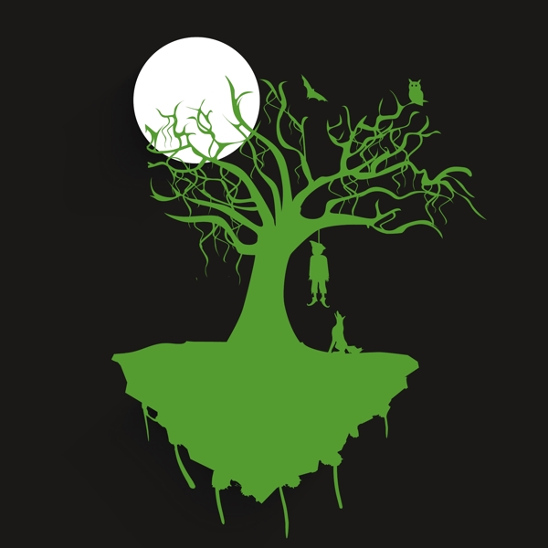 横幅或背景的尸体挂在树上的灰色背景绿色万圣节晚上剪影