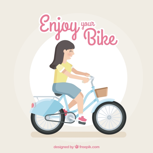 微笑女人骑自行车与平面设计