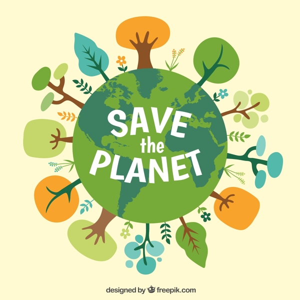 卡通绿色环保保护地球树木素材