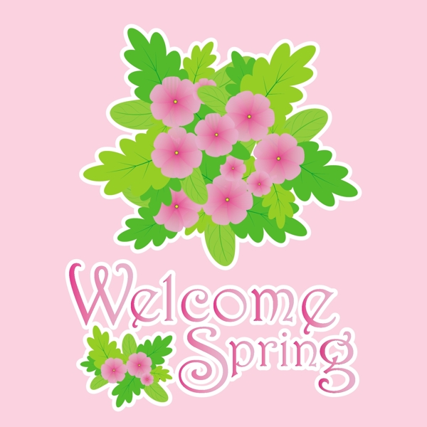 欢迎春天绿叶鲜花插画粉红色背景