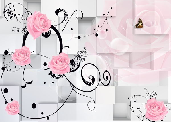 3D立体粉红玫瑰花纹背景墙图片