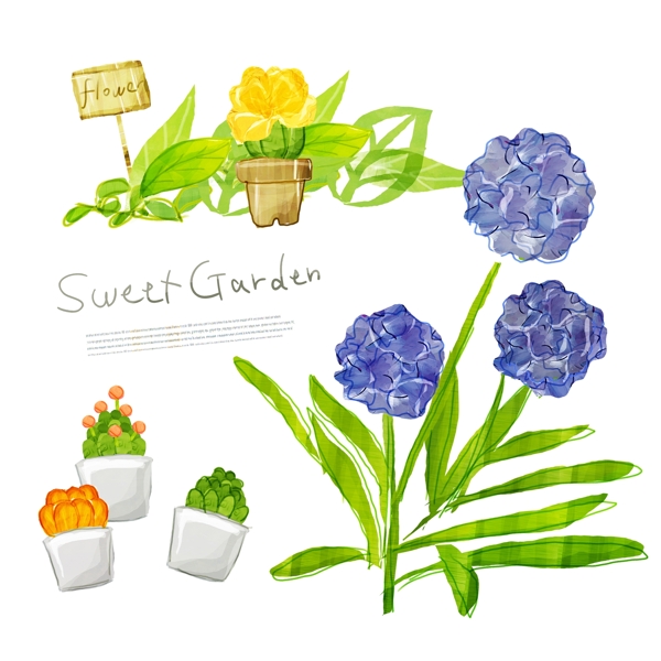 蓝色花卉植物与花盆等PSD分层素材